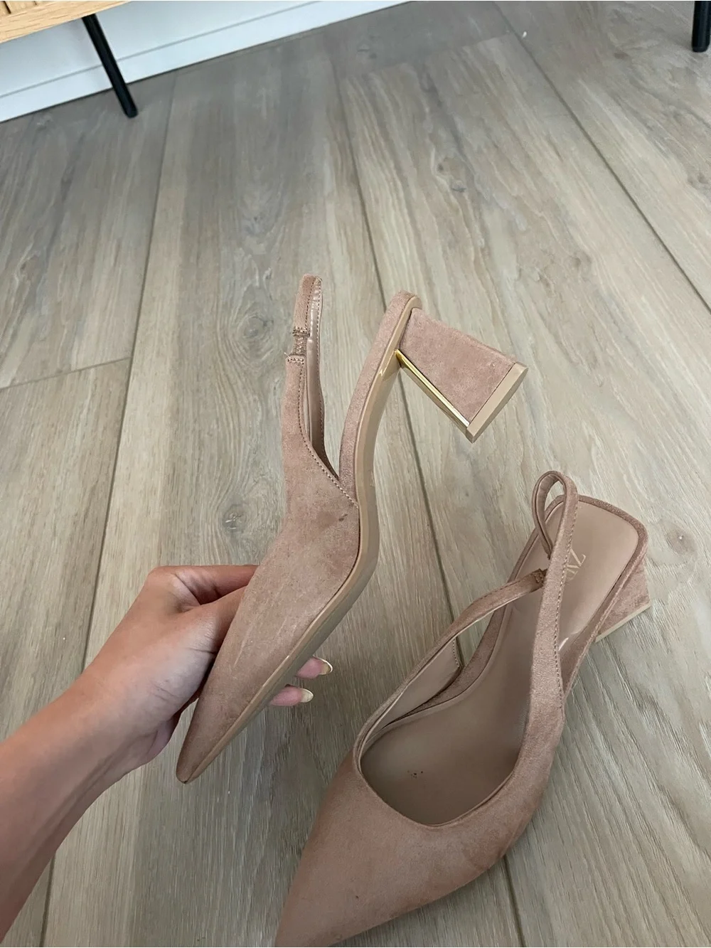 Zara Suede Slingback Block Heel Pumps - gold heel